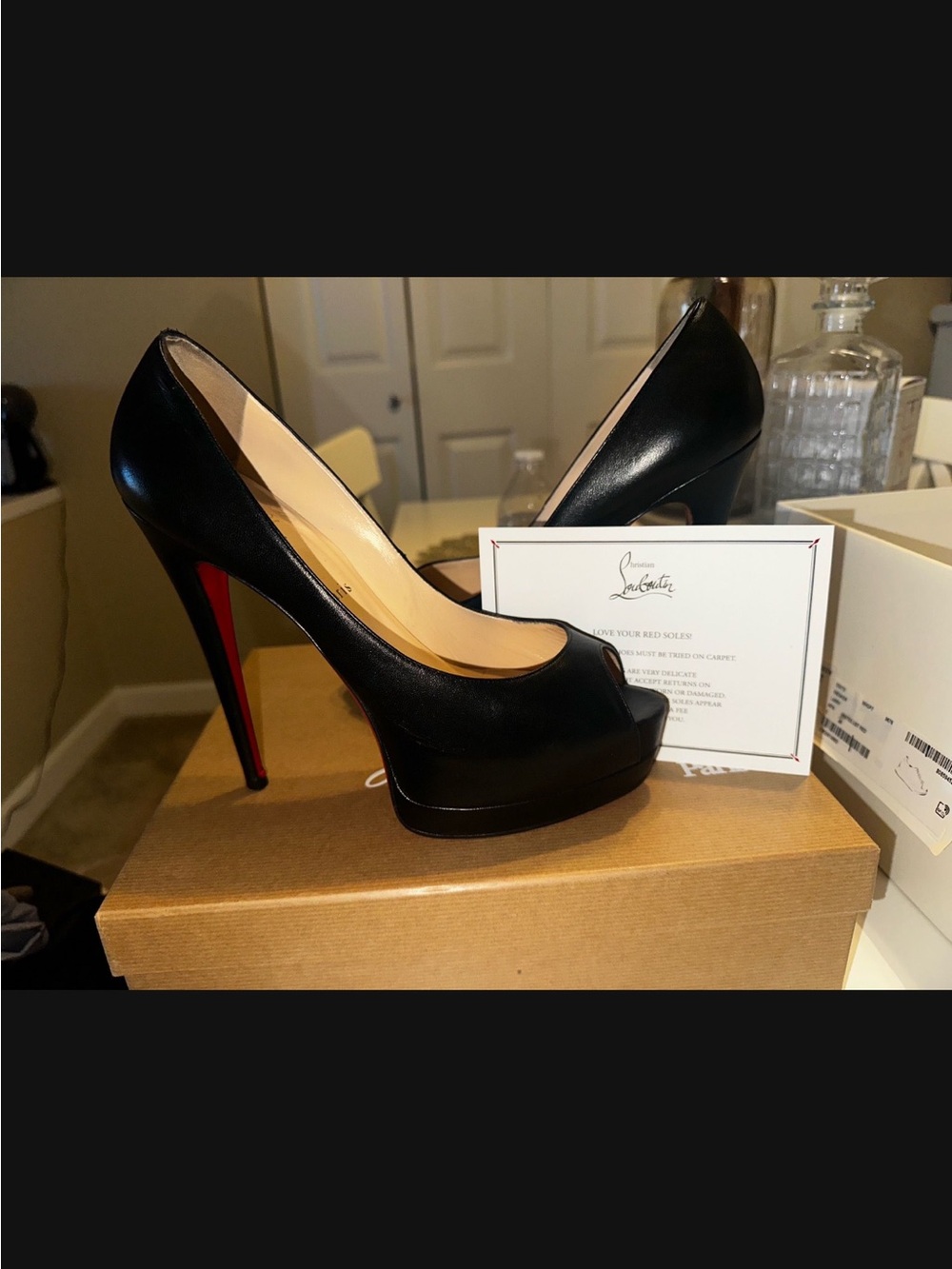 Christian Louboutin Black Leather Peep-Toe Platform Stilettos with Red Sole